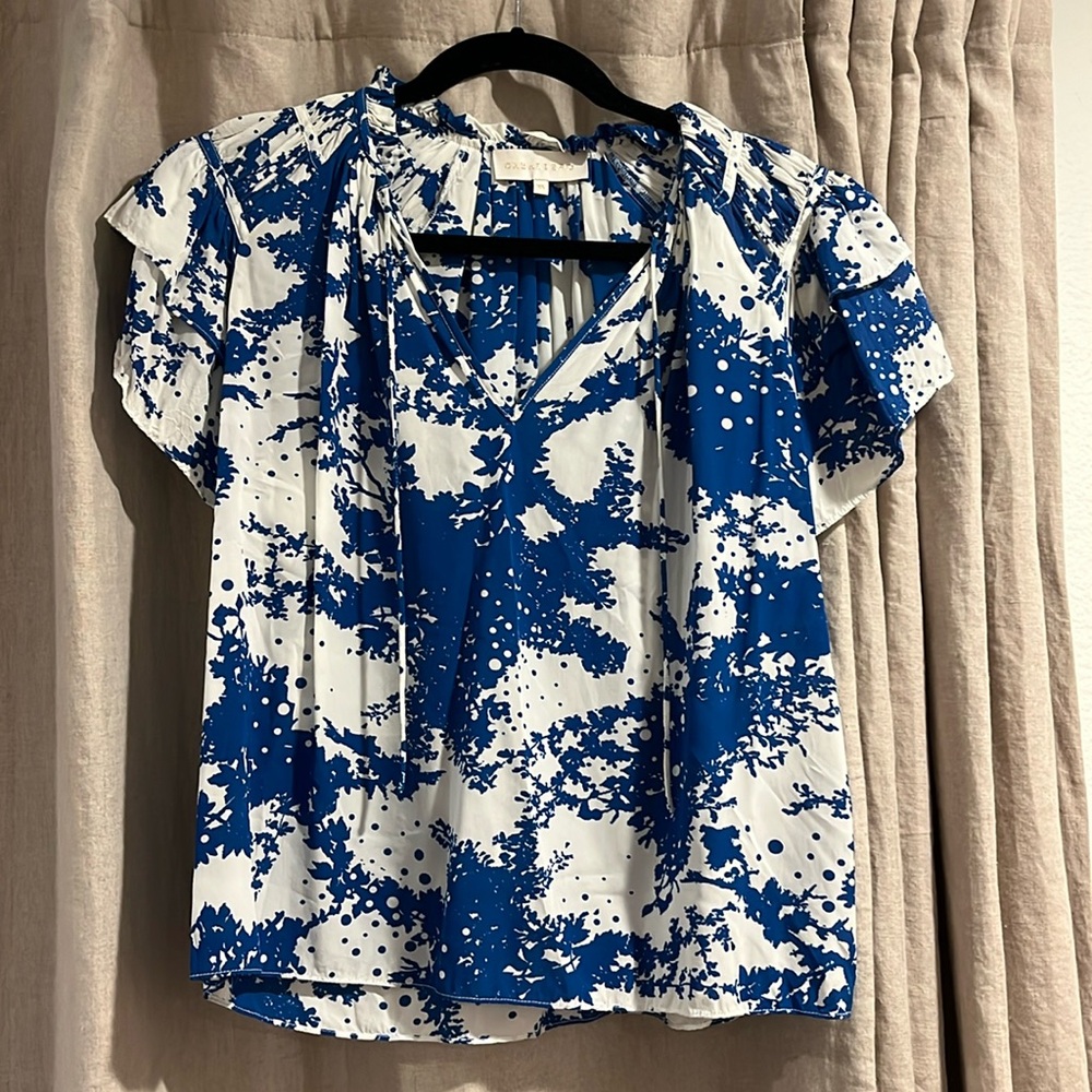 Caballero Collection Kelsie Blue White Ruffle Blouse Top